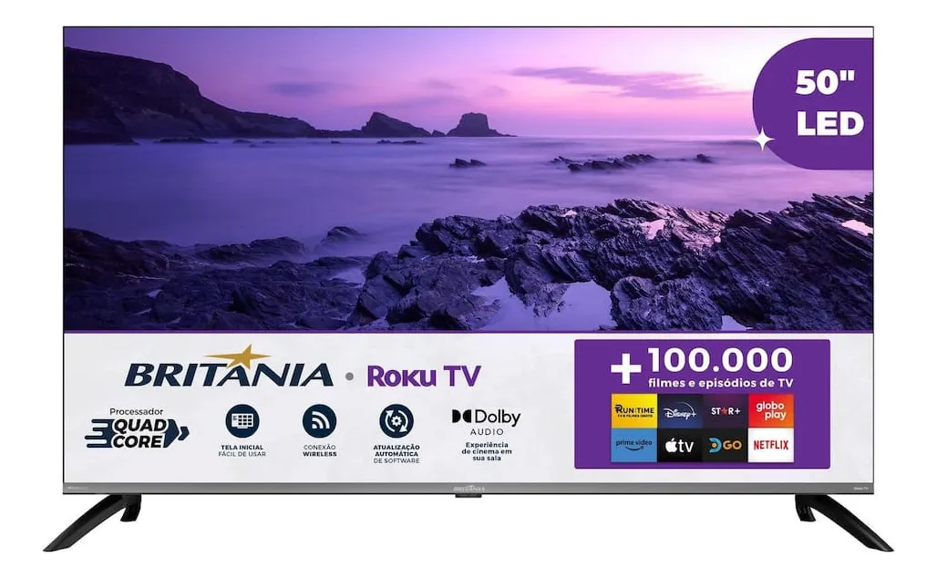 Smart TV 50 polegadas preta com detalhes em prata