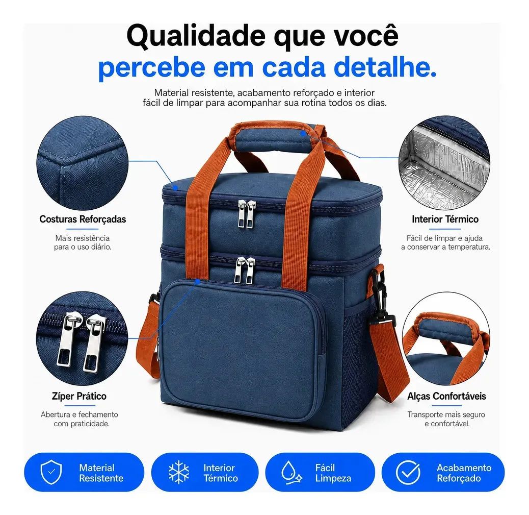 Bolsa Térmica Lancheira Marmita 13,5L 2 Compartimentos Frasqueira Dupla Camada Alça de Ombro Fitness Trabalho Azul — imagem 3