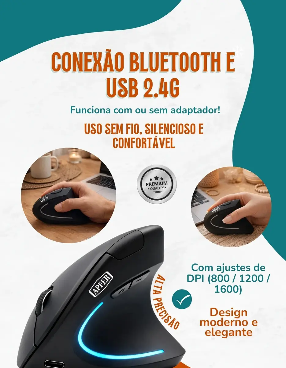Mouse Vertical Ergonômico Sem Fio Recarregável Bluetooth e USB 2.4G – RGB, Silencioso, DPI Ajustável, Reduz Tensão no Pulso, Portátil e Confortável – Compatível com Notebook, PC, Windows e Mac - Apfer