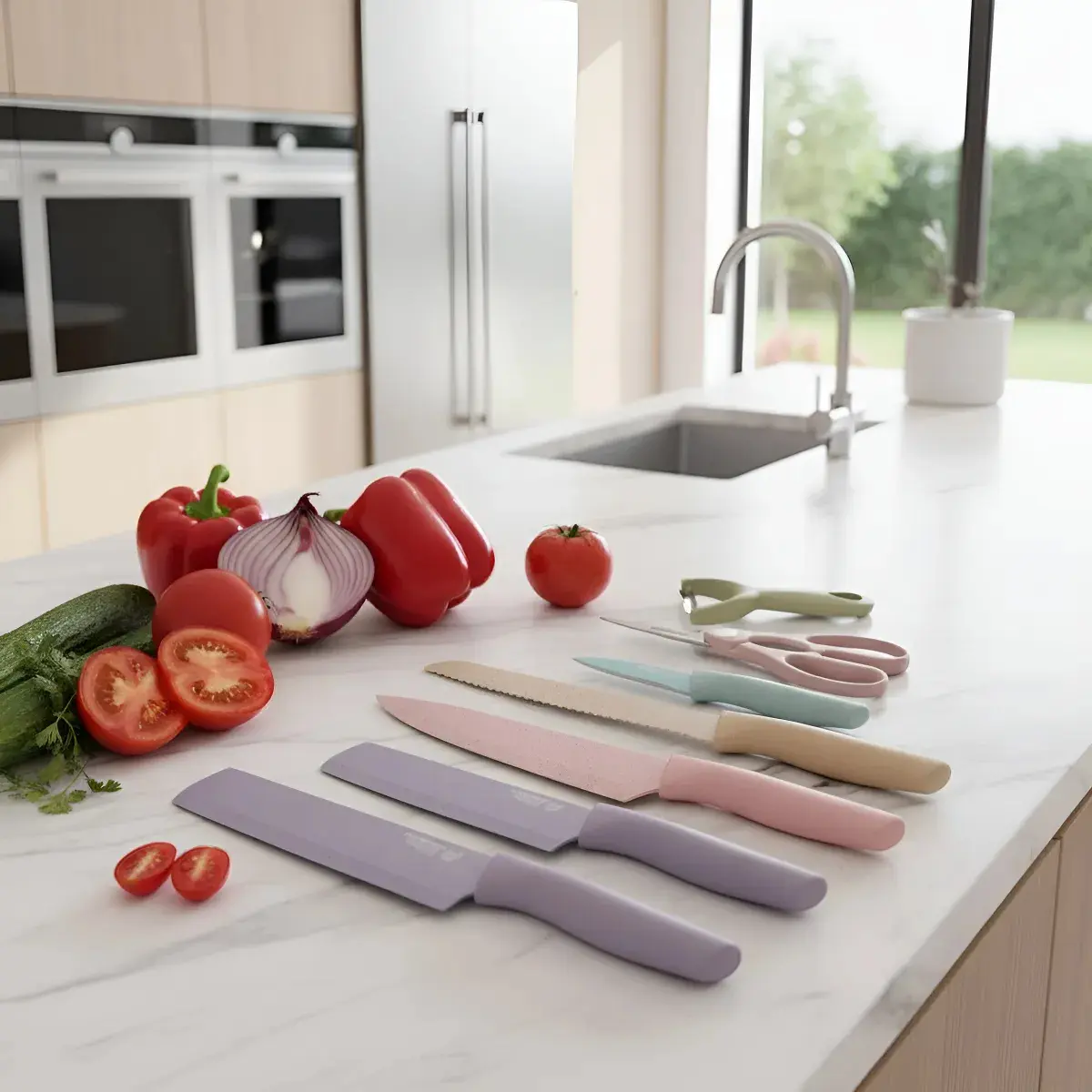 Kit de Facas Coloridas 6 Peças: Inox, Antiaderente, com Descascador e Tesoura