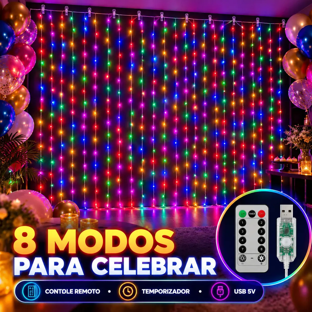 Pisca Cortina 300 Leds 3x3m Usb Ip44 8 Modos Iluminação Luzes Fada Decoração De Natal Festa Colorido Luvinco — foto 2