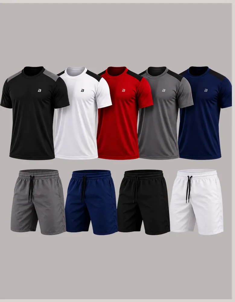 Kit 9 Peças Dry Fit Masculino 5 Camisas 4 Bermudas Premium Multicolorido Dry-liso G