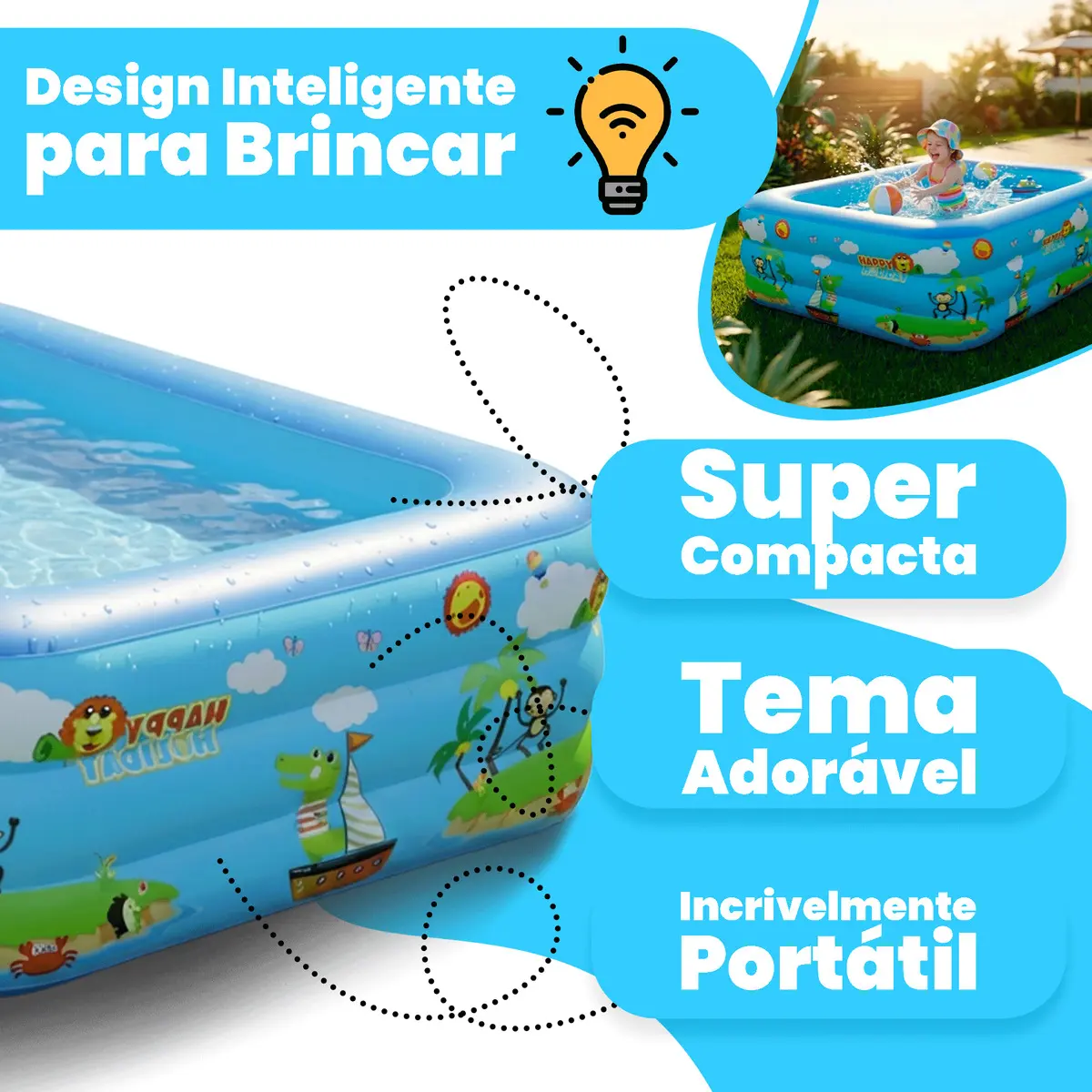 Piscina Infantil Inflável 460l Grande Retangular Pvc Reforçada 3 Anéis Criança Diversão No Verão Azul — imagem 2
