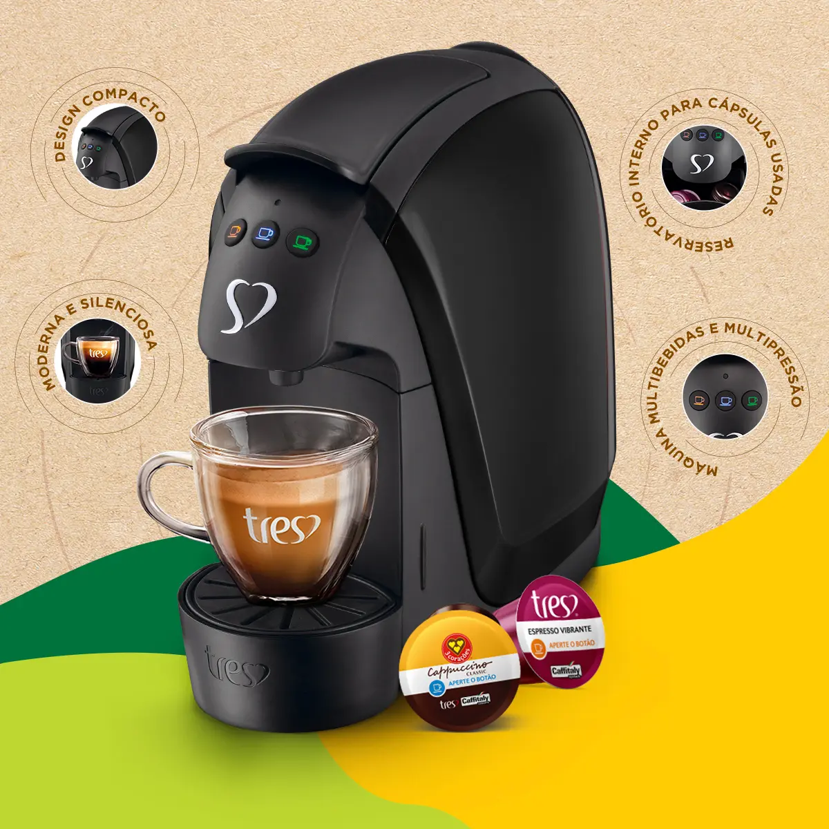 Cafeteira Três Corações Luna preta com detalhes de design compacto, silencioso, multibebidas e reservatório de cápsulas, exibindo duas cápsulas Três Corações.