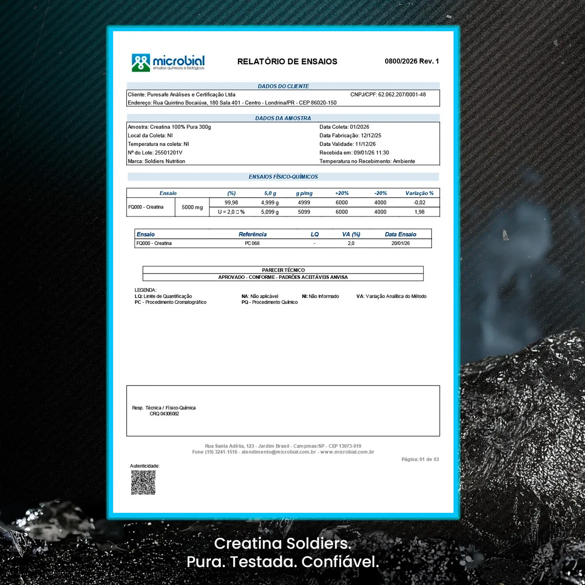 Creatina Monohidratada 1kg Soldiers Nutrition 100% Pura Importada Alta Performance Músculo Treino - Vista 3