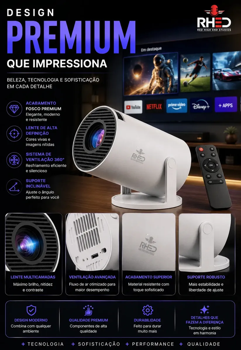 Mini Projetor Smart Rhead RHY300 Full HD com Wi-Fi e Bluetooth para Home Theater