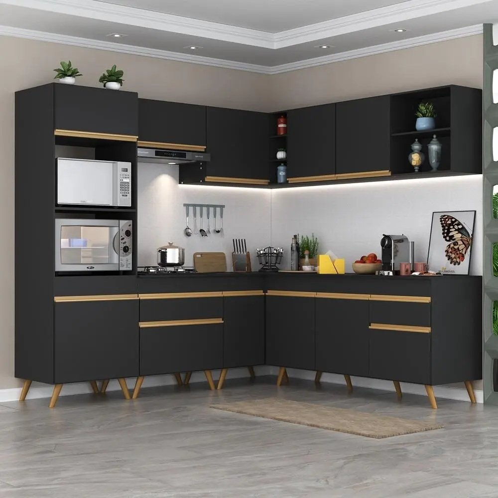 Armário Cozinha Completa De Canto Veneza Multimóveis V2045 Cor Preto/Dourado