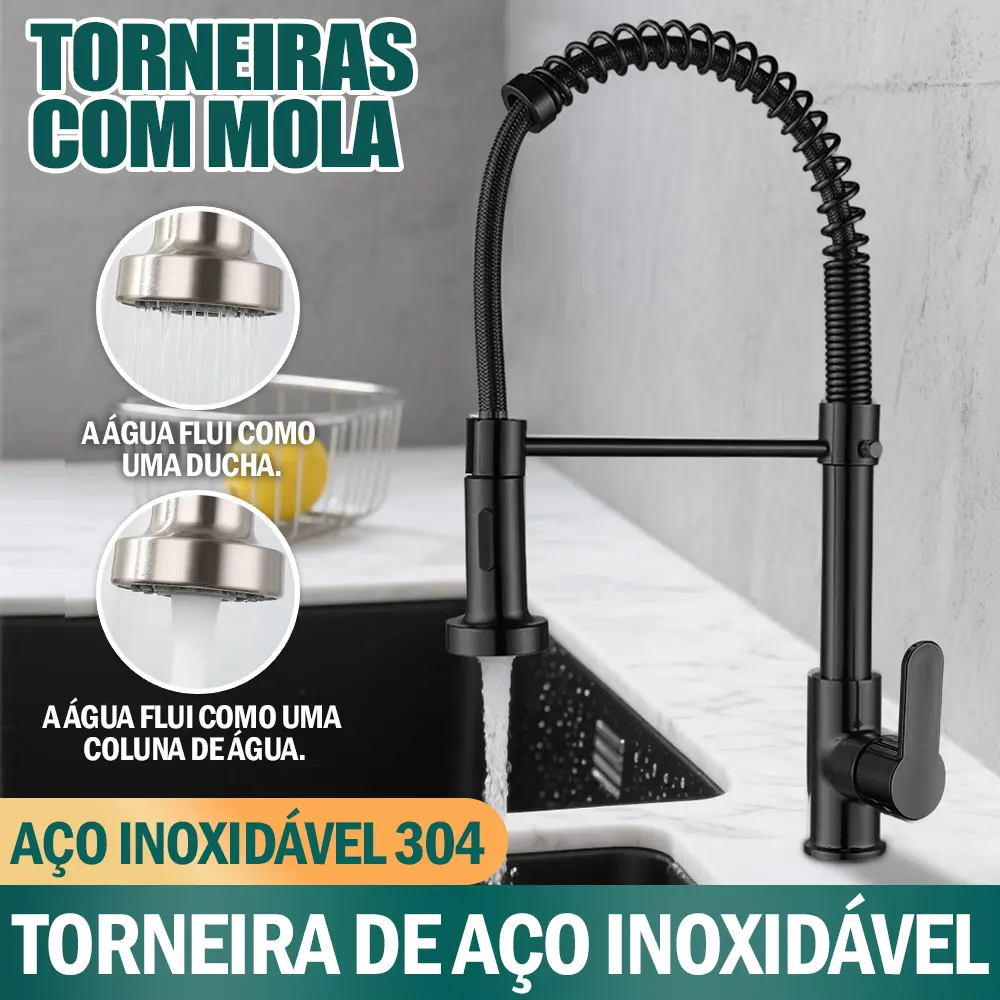 Infográfico da torneira preta com mola destacando os modos de ducha e coluna de água em aço inoxidável 304