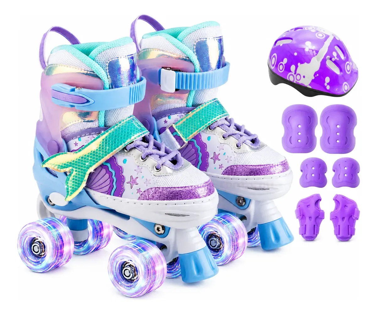 Patins Infantil 4 Rodas Ajustável Quad Menina Com Kit E Led