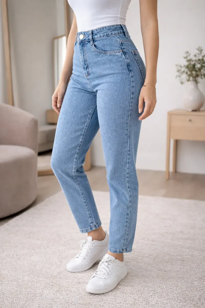 Close-up lateral da calça jeans mom Stillger clara, destacando o tecido, a cintura alta e os tênis brancos.