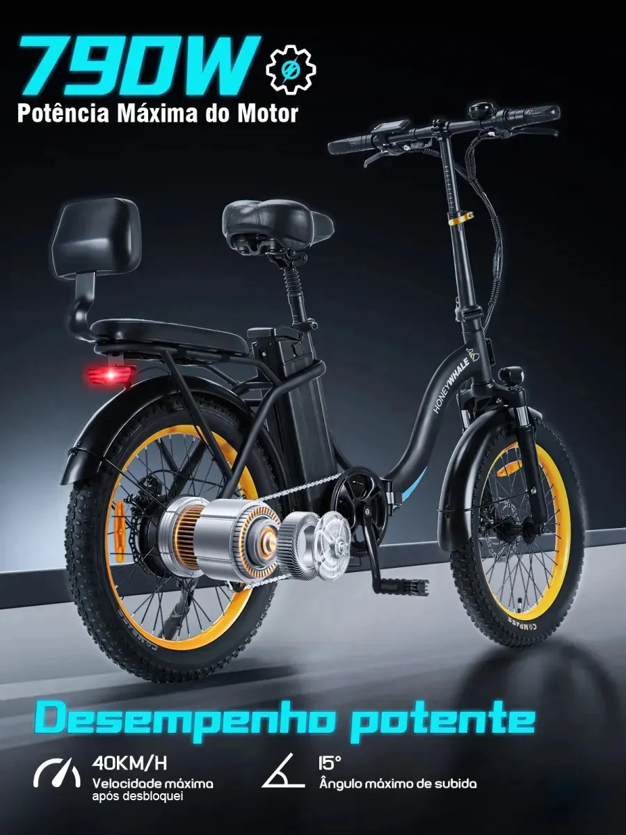 Vista traseira-lateral da bicicleta elétrica Honeywhale BW02, destacando o motor de 790W e informações sobre velocidade máxima de 40km/h e ângulo de subida de 15°.