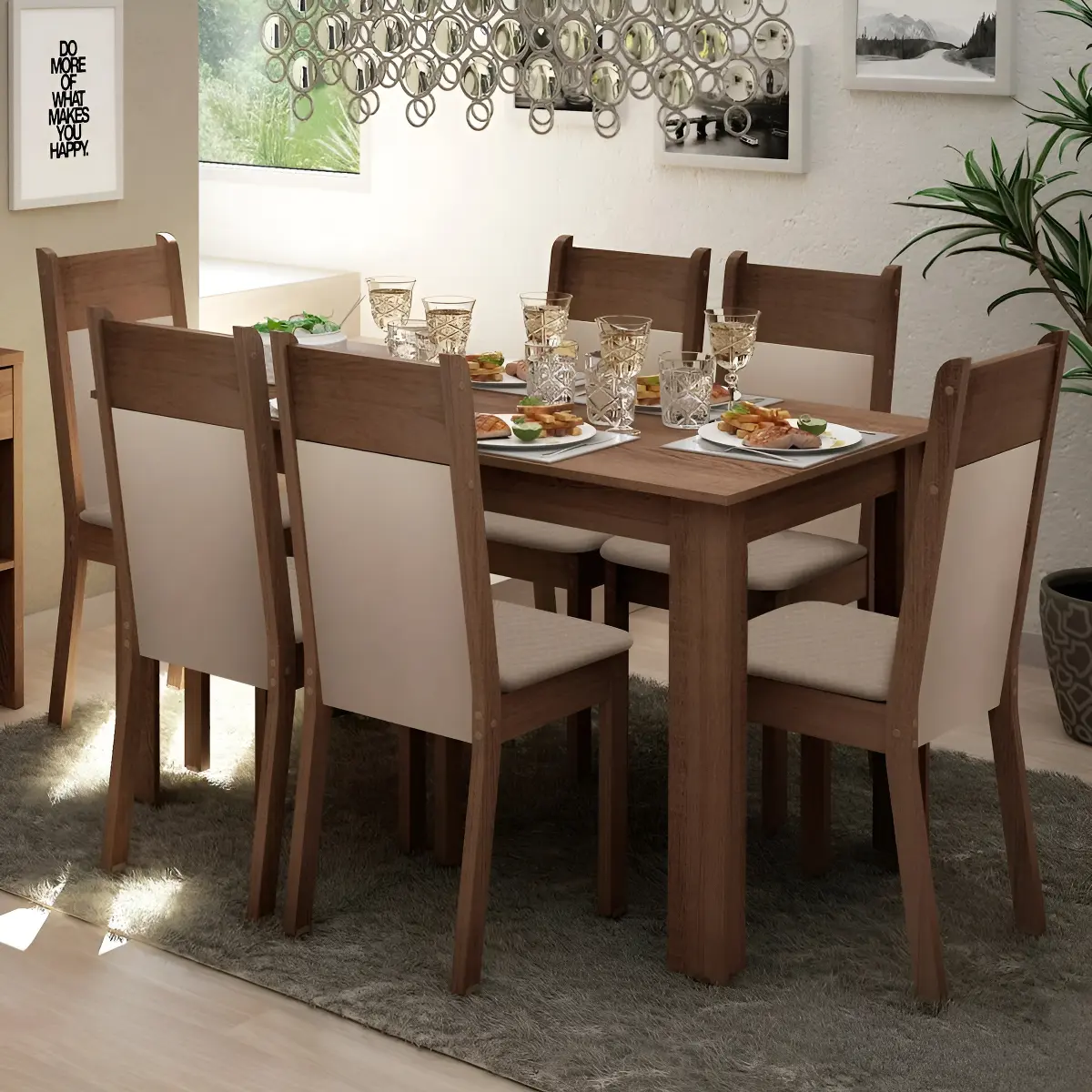 Sala De Jantar Madesa Jaíne Mesa Tampo De Madeira 6 Cadeiras Cor Rustic Crema Pérola