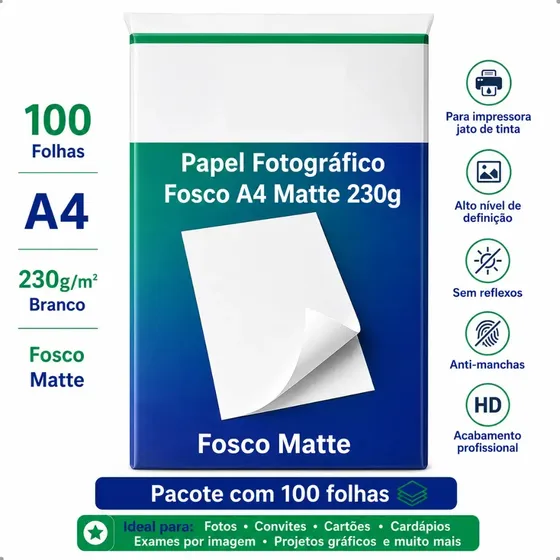 Papel Fotográfico Matte A4 230g 100 Folhas Fosco Alta Definição Secagem Rápida Impressão Profissional Fotos Convites Portfólios