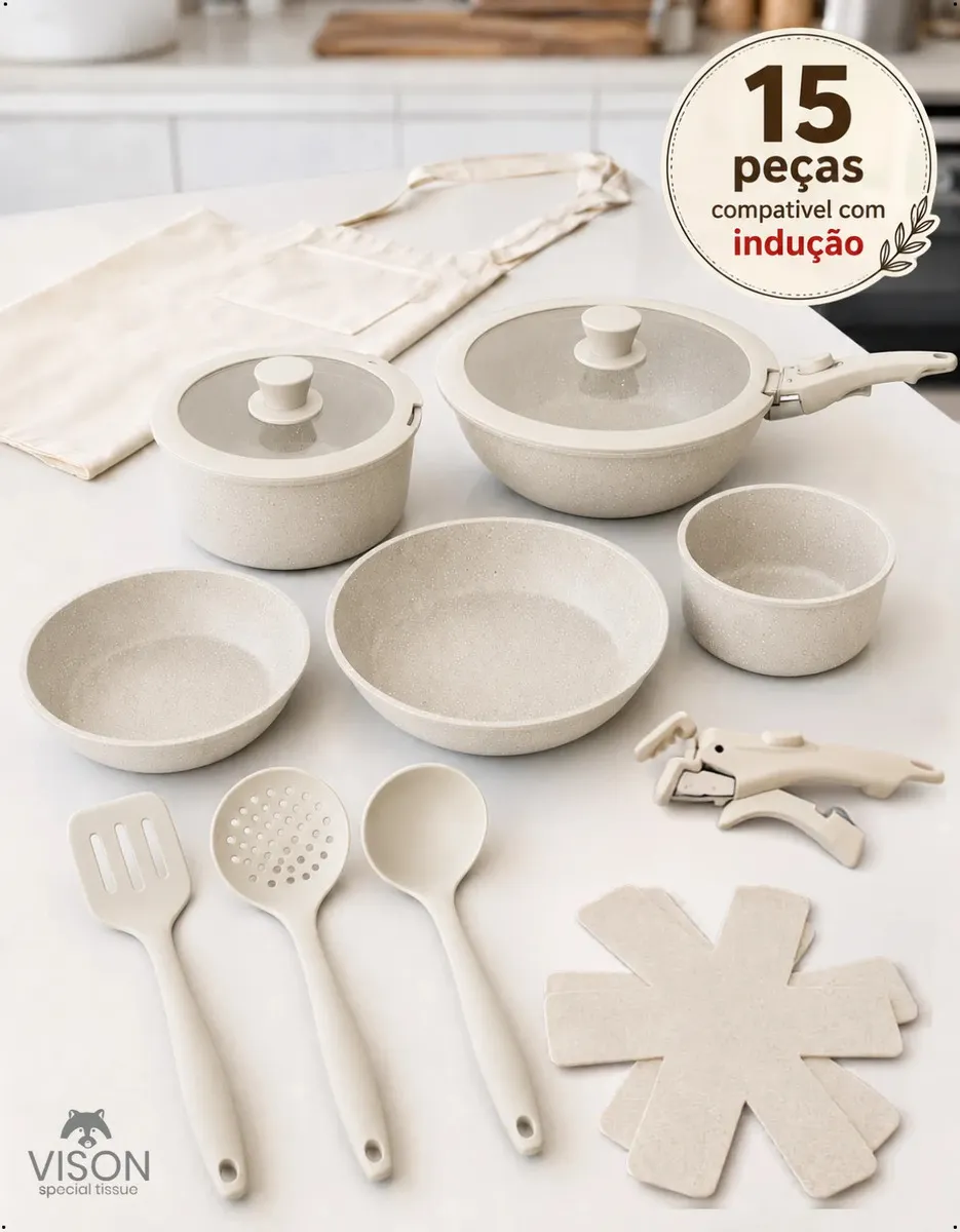 Jogo De Panelas Cerâmica 15 Peças Antiaderente Premium Cabo Removível Indução Gas Com Fundo Triplo Kit Panela Cozinha Ceramica Pfoa Free Para Fogao Por Inducao Conjunto Panelas Ceramica Off White