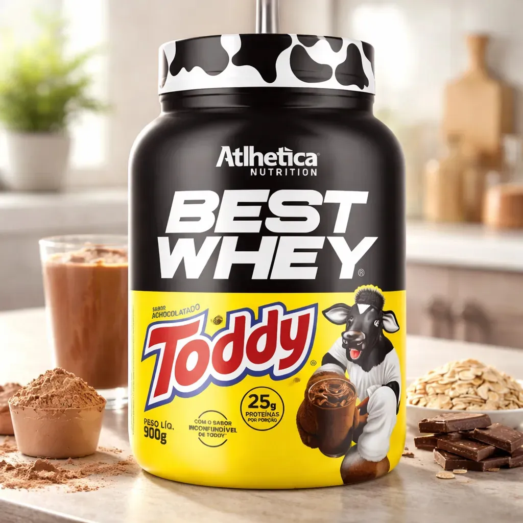 Pote de Whey Best Whey Toddy 900g em uma bancada de cozinha, com um copo de shake, pó de chocolate, aveia e barras de chocolate ao fundo.