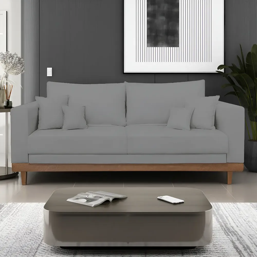 Sofá Living 3 Lugares Linho Grafite Reforçado Base Madeira Com Almofadas