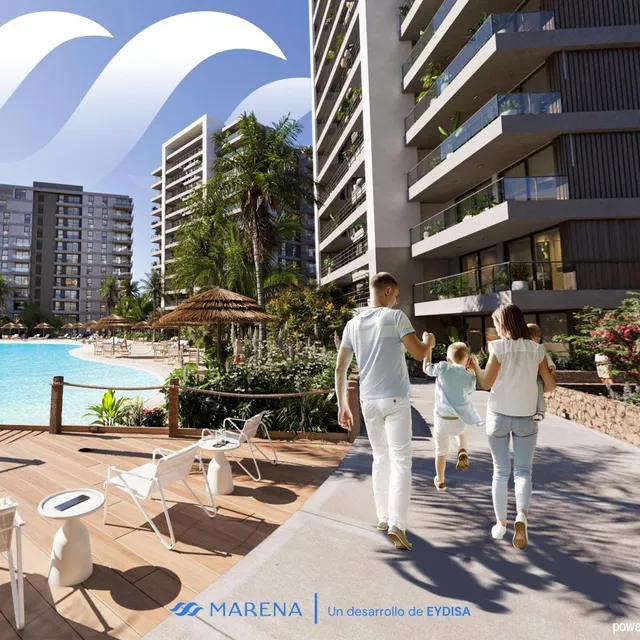 Ocho Edificios Residenciales Con Balcones Amplios Y Vistas Extensas Rodeando Una Laguna De Agua Cristalina Con Playa, Palmeras Y Todo Lo Que Alguna Vez Soñaste Que Sea Tu Hogar.