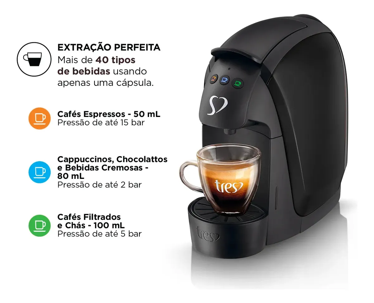 Cafeteira Três Corações Luna preta, detalhando os tipos de extração: Espresso (50ml), Cappuccinos/Chocolattos (80ml) e Chás/Filtrados (100ml).