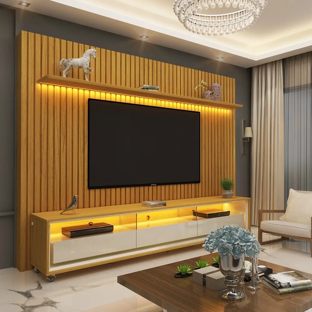 Rack com Painel Gelius para TV até 85", com LED, Rodízios e 3 Gavetas