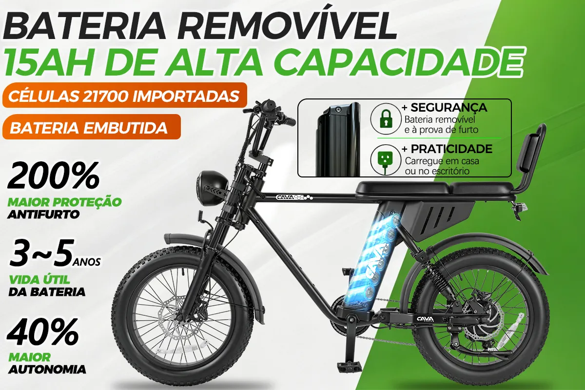 Detalhe da bateria removível de 15Ah da bicicleta Cavalletta AE8 com informações de autonomia