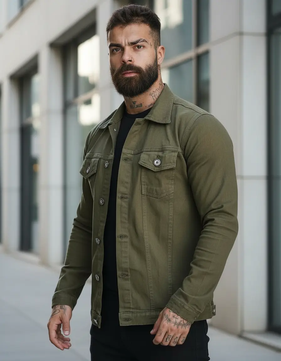 Jaqueta Sarja Jeans Premium Verde Militar Moda Com Elastano
