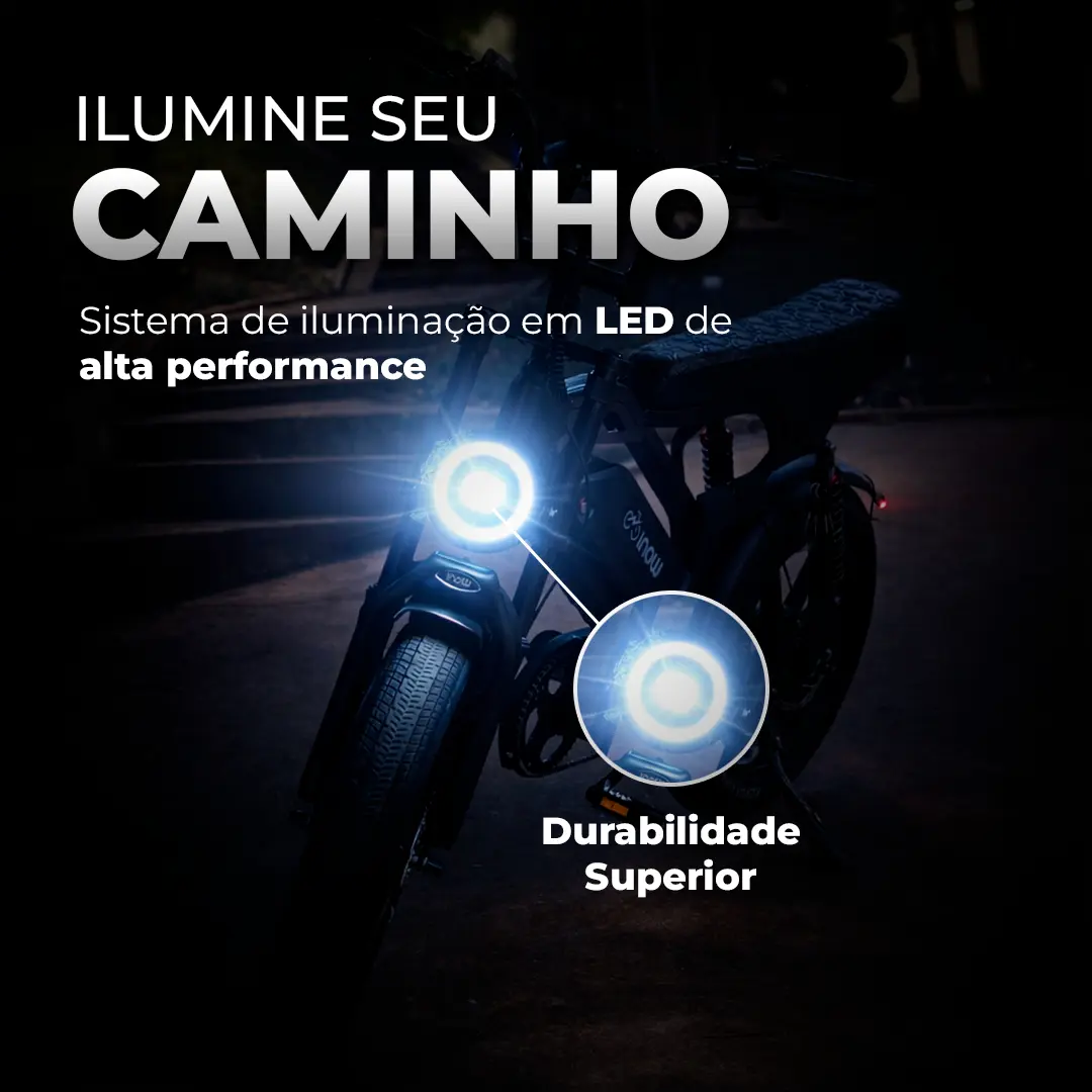 Farol de LED da bicicleta elétrica Inow V40 Pro aceso no escuro demonstrando alta performance