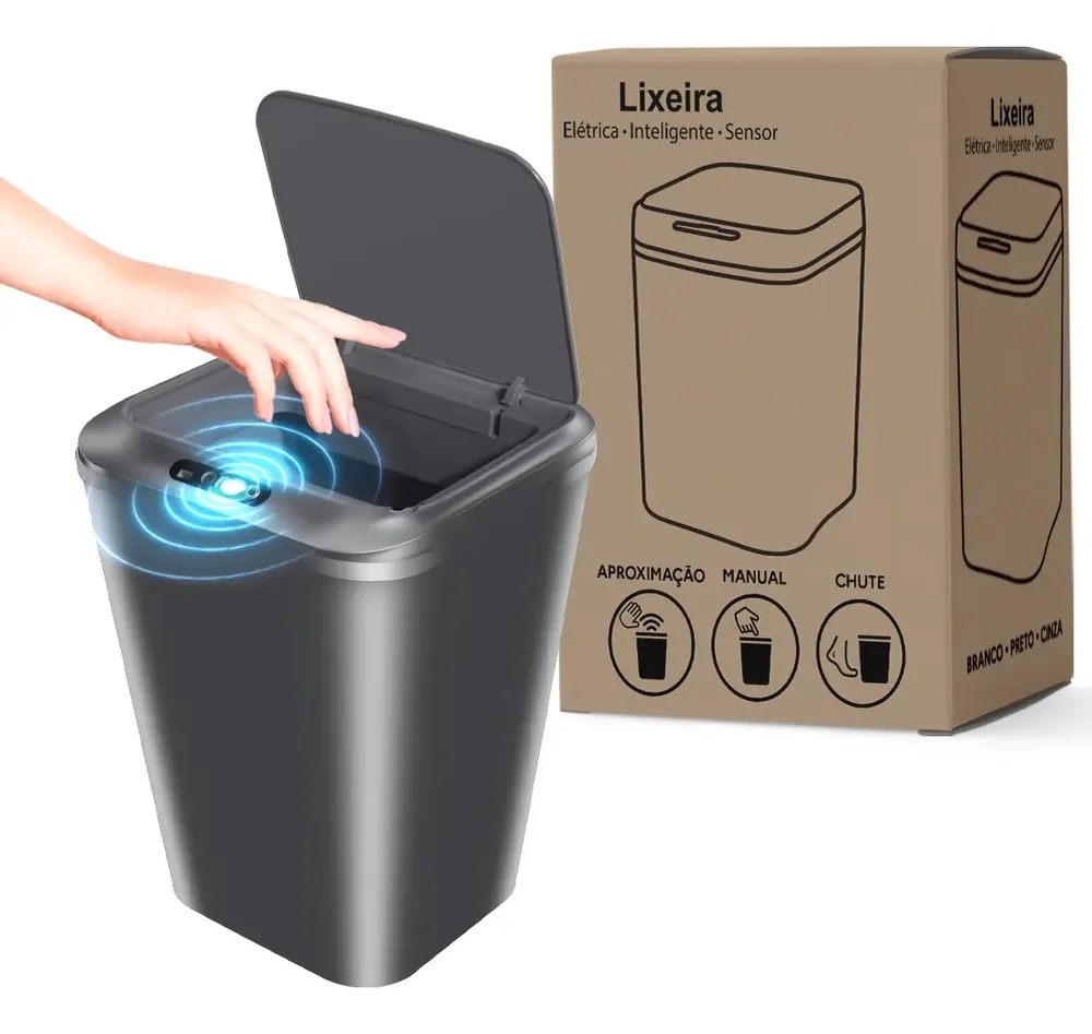 Lixeira Inteligente Sensor Autom&aacute;tico 16l Cinza Smart Recarreg&aacute;vel Para Banheiro E Cozinha