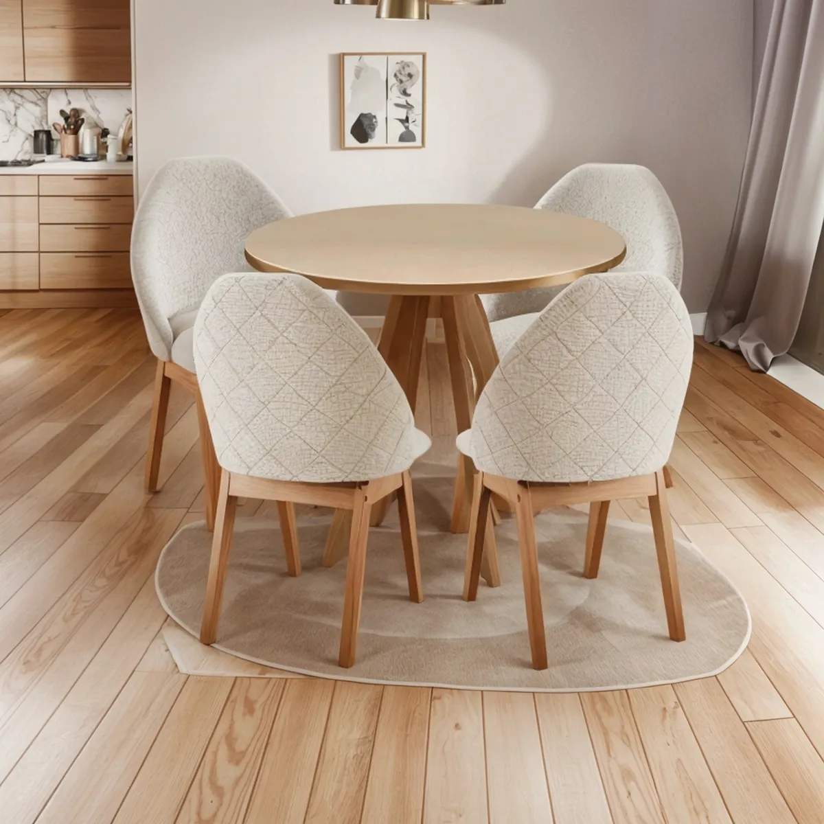 Mesa de jantar com tampo de vidro e 4 poltronas em linho com pés de madeira maciça