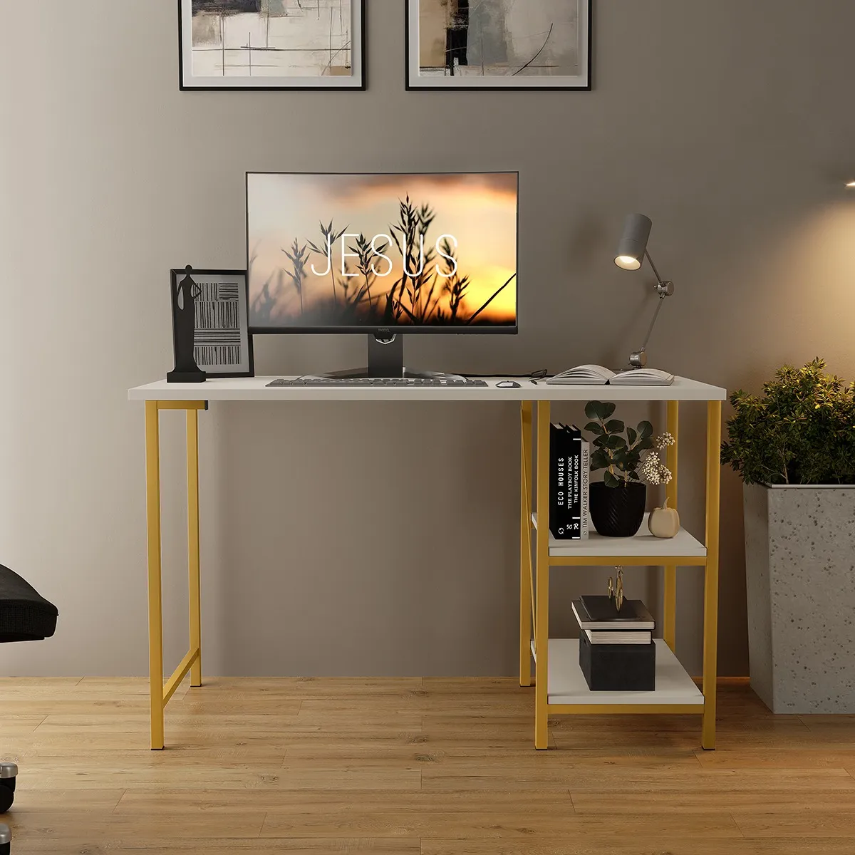 Mesa Escrivaninha Office Estudo Estilo Industrial Klm Store. Cor Dourado com Off White