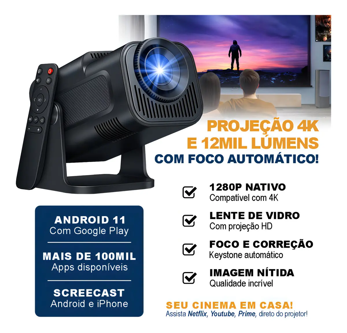 Projetor Hy320 Davely Smart Tv Android Wifi 6 390 Ansi Lumens Full Hd Suporte 4k Hdmi Bluetooth 85-200 Polegadas Alto Falante Com Controle Remoto Bivolt Portátil Preto 127/220v