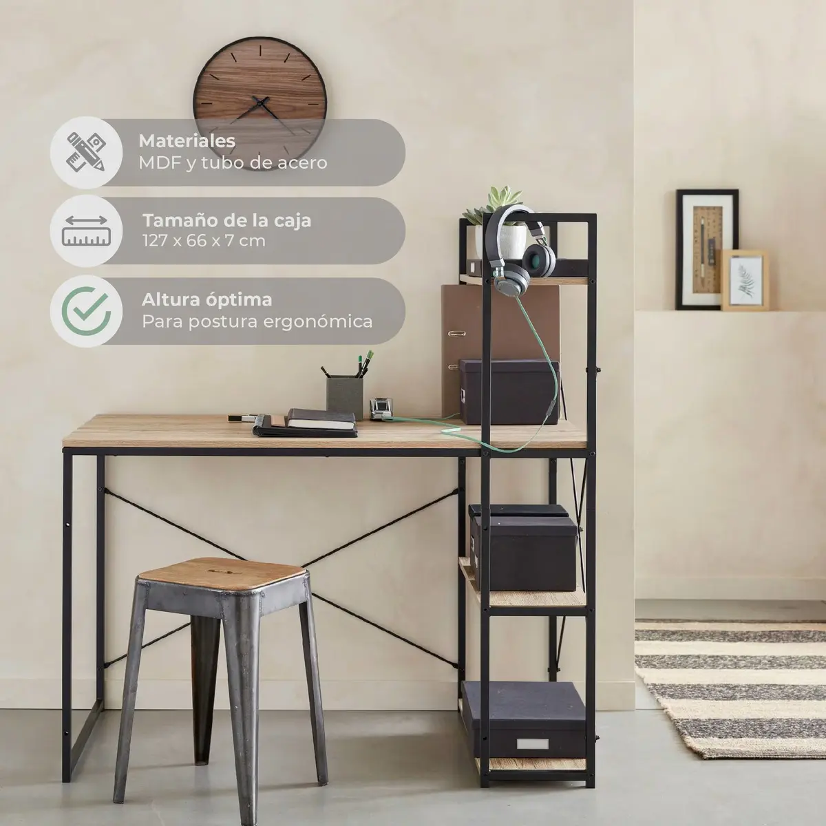 Escritorio para Oficina Diseño Industrial Relan Desk 4 Con Estantería Lateral De Madera Y Hierro 120 Cm - Llevalo hoy al mejor precio