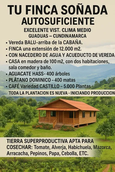  Finca Autosostenible En Guaduas - 12.000 M², Agua, Cultivos - $300m 