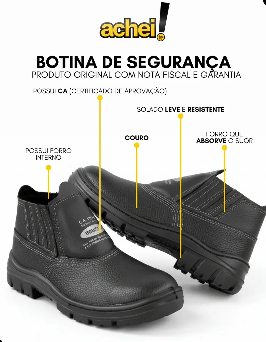 Bota Botina Segurança Trabalho Couro Resistente Epi Bico Pvc