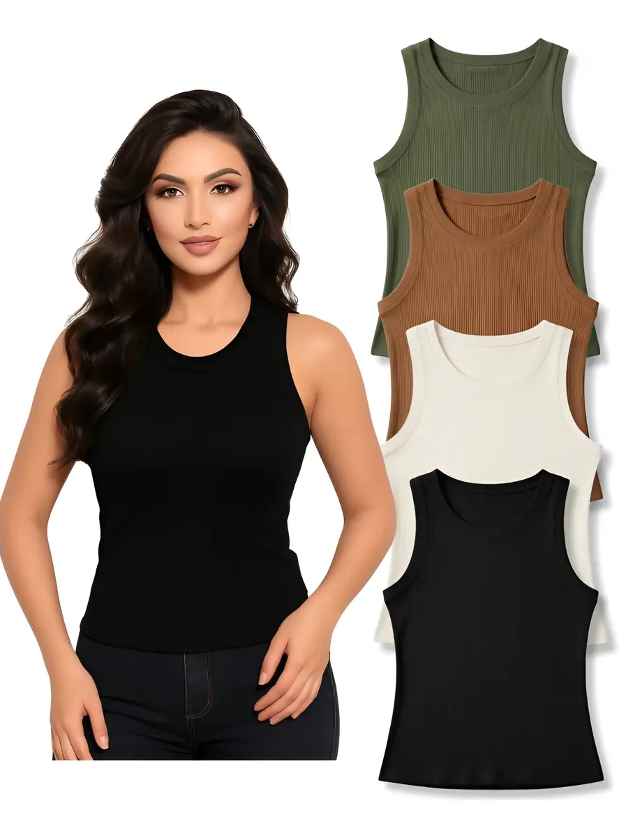 Kit 4 Blusinhas Regata Canelada Feminina Moda E Conforto