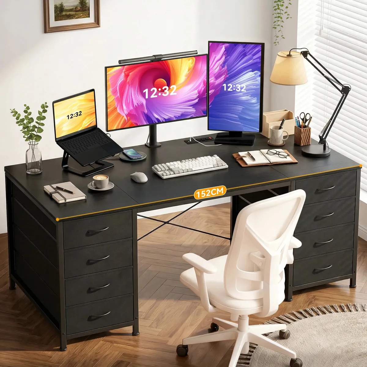 Furrific Escritorio Oficina Con 8 Cajones Y Carga, 75*152*48cm, Escritorios Para Computadora Equipado Con Cajones de Grande Capacidad, Escritorios Minimalista, Negro