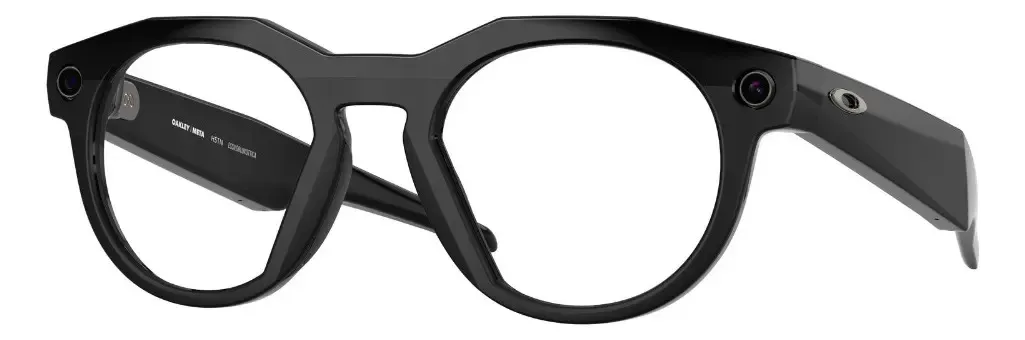 Vista em ângulo dos óculos Oakley HSTN Meta, exibindo a marca Oakley na haste e os sensores de câmera integrados.