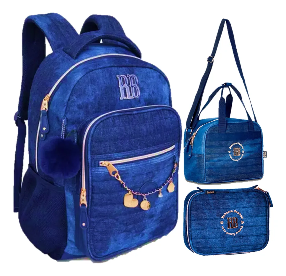 Kit Mochila Costas Jeans Rebecca Bonbon Estojo Lancheira Azul Bordado