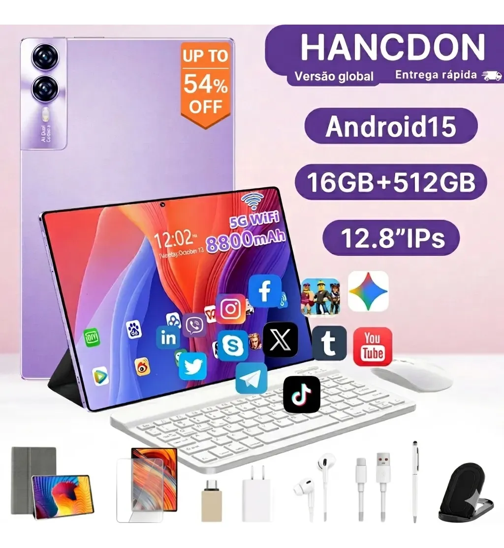 Tablet Android 15 Hancdon Tab Kit Completo Ram 16gb 512gb 12,8'' Hd Tela Apoia Wifi 2,4/4g/5g Dual Sim Bateria 8800mah... Lilás