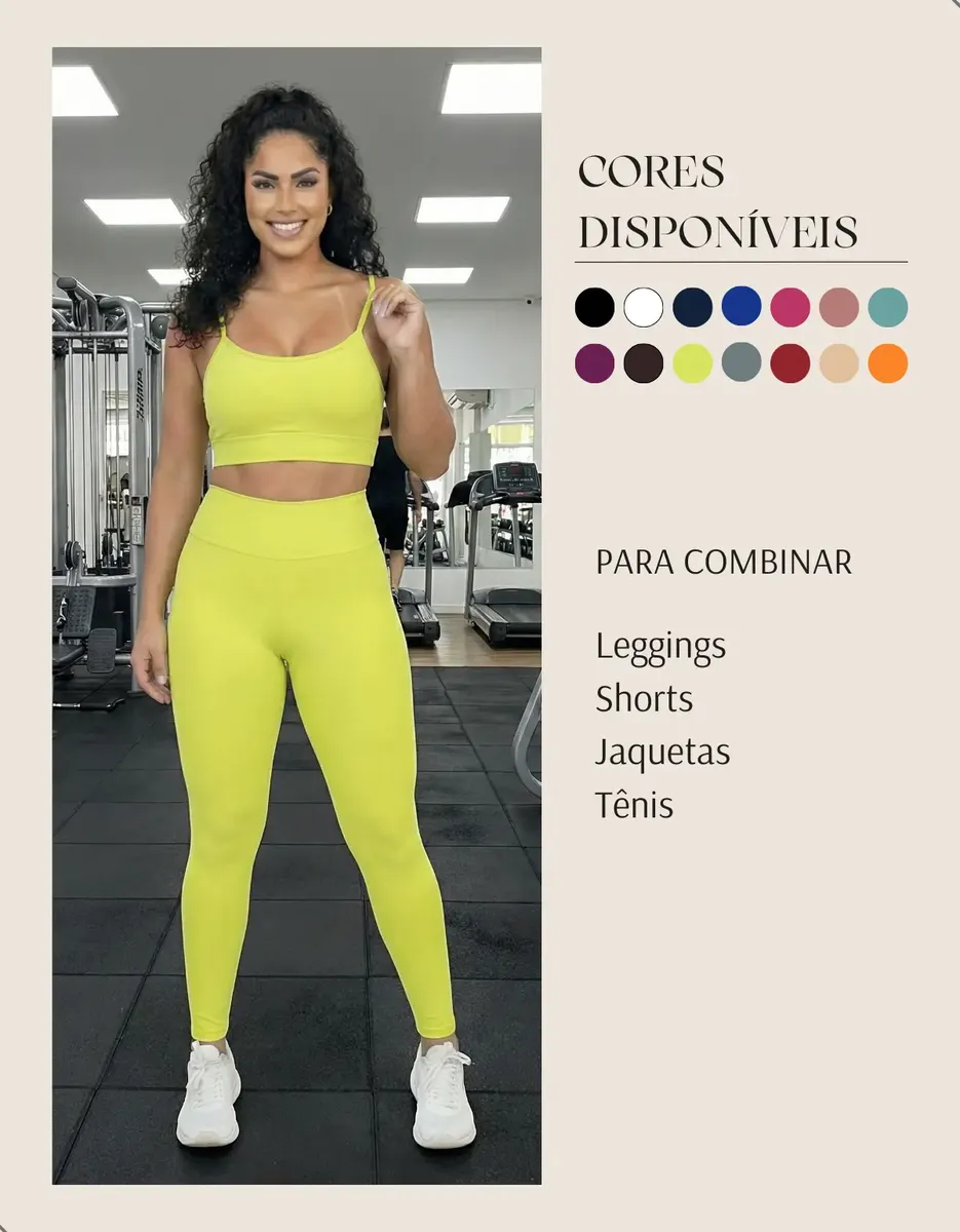 Modelo vestindo conjunto fitness amarelo neon em ambiente de academia com paleta de cores disponíveis ao lado