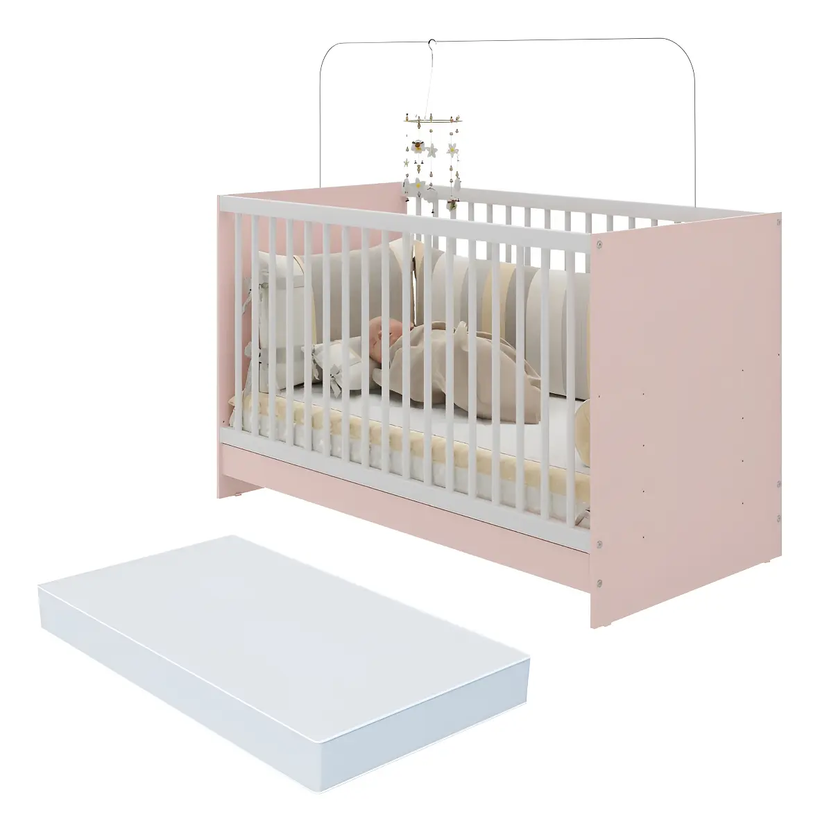 Berço 3 em 1 com Colchão Incluso Multimóveis MP4394 Rosa/Branco