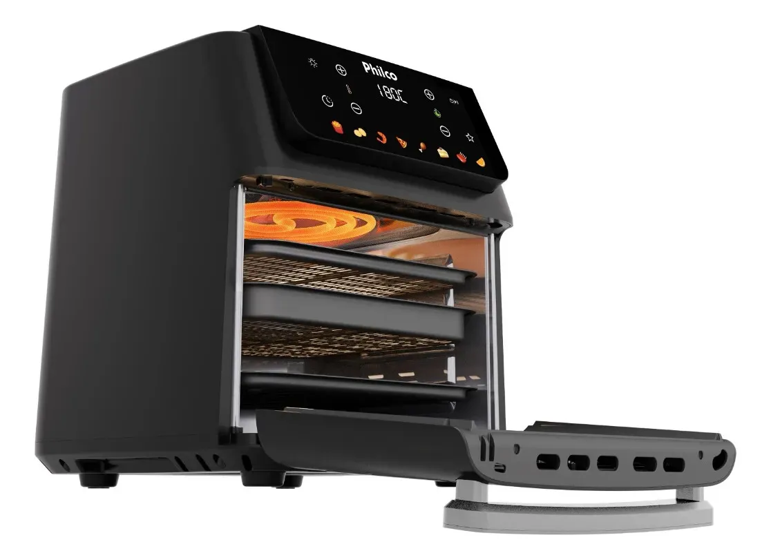 Fritadeira Air Fryer Philco 16L com resistência aquecida visível no topo