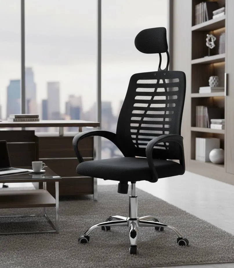 Cadeira De Escritório Ergonômica Mesh Com Suporte Lombar Ajustável Encosto Respirável Assento Confortável Altura Regulável Base Cromada Rodízios Resistentes Apoio De Cabeça Giratória Reclinável Preto