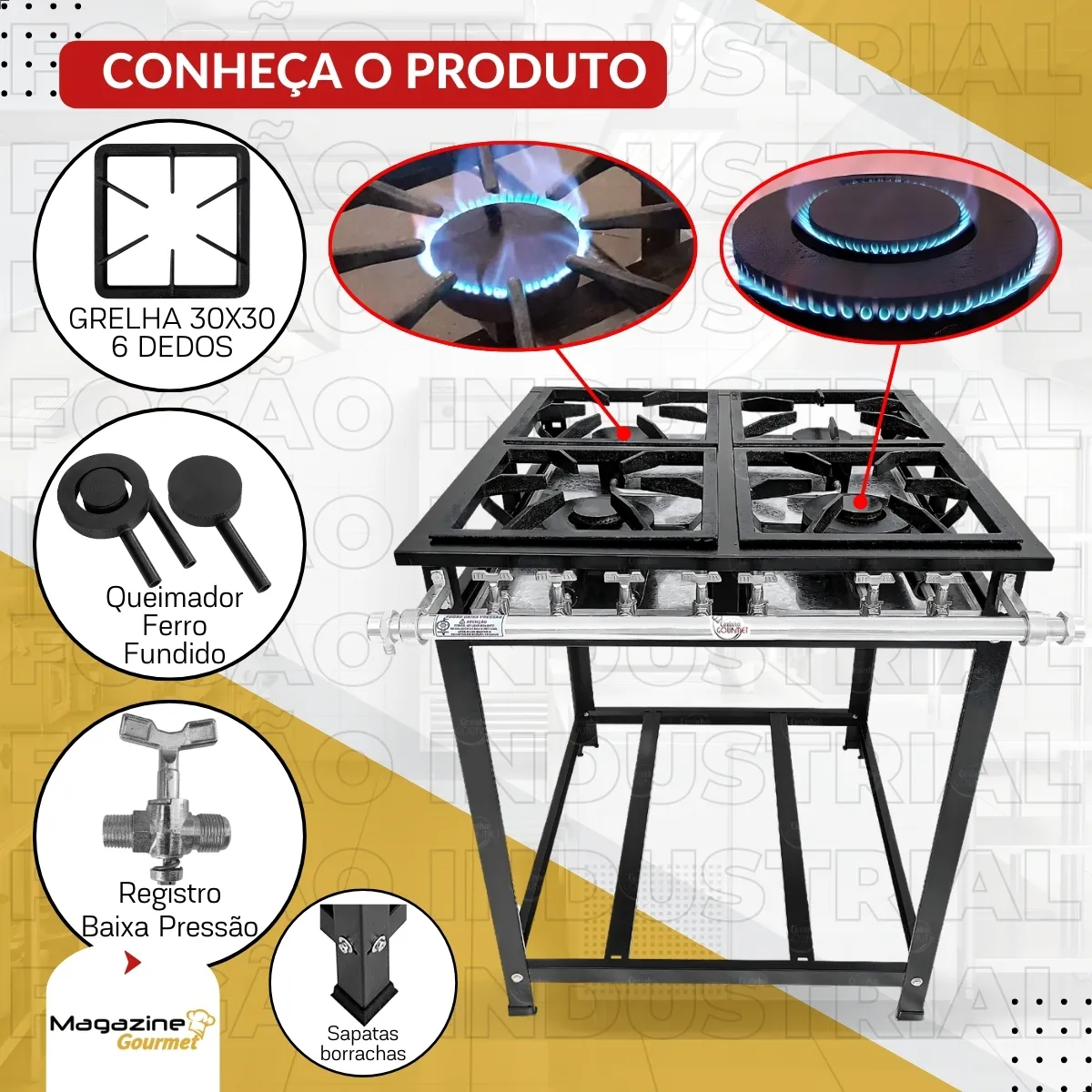 Fogao Profissional 4 Bocas Queimadores Mix Baixa Pressão 30x30 Industrial A Gás Economy Marca Cozinha Gourmet - Imagem 3