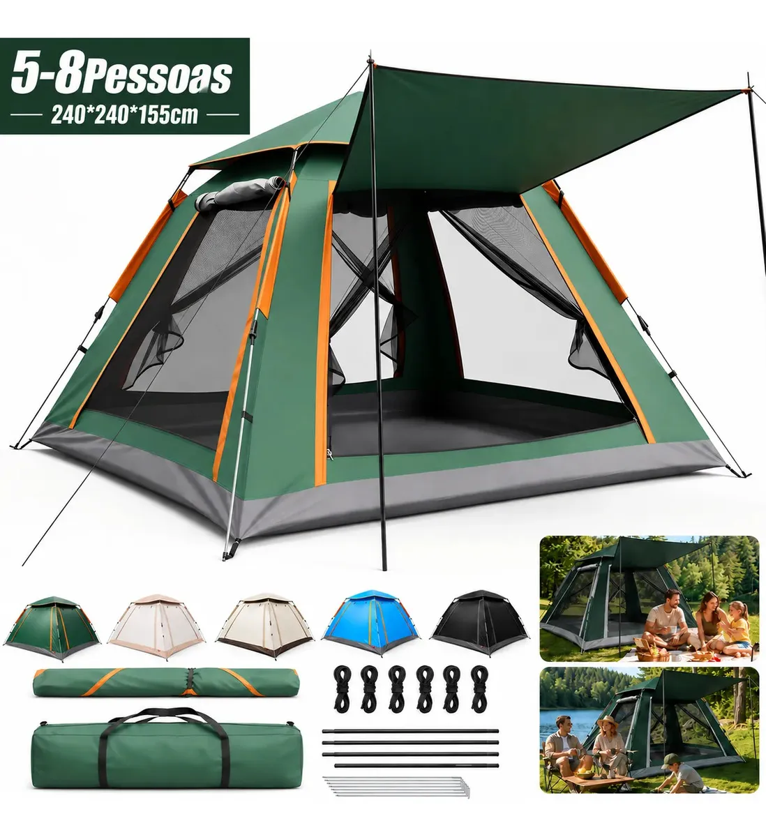 aweshine Barraca Automática Camping 5-8 Pessoas Grande Impermeável UPF 50+ Ventilação Uv Verde 240*240*155cm