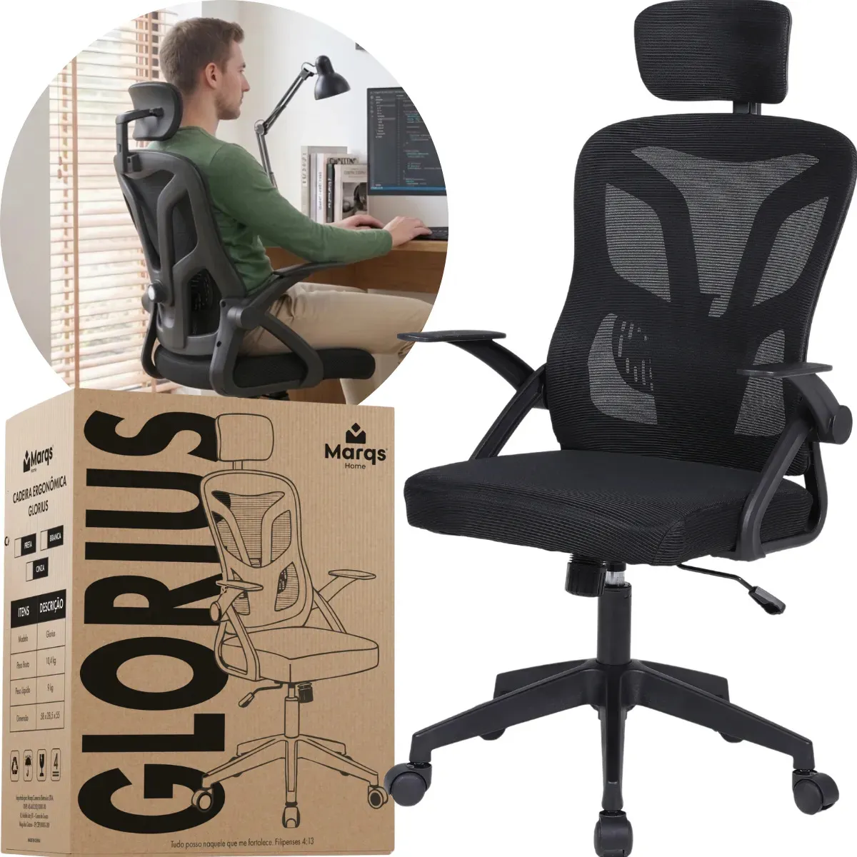 Cadeira De Escritorio Ergonomica Nr17 Glorious Marqs Home Giratoria Resistente Reforçada 180kg Confortavel Reuniao Mesh 
