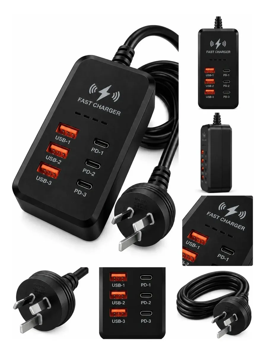 Alargue Cargador 6 Puertos 3 Usb 3 Usb-c Carga Múltiple Negro Tablet Estacion Hub Escritorio 220v Con Cable Negro Para Varios Dispositivos A