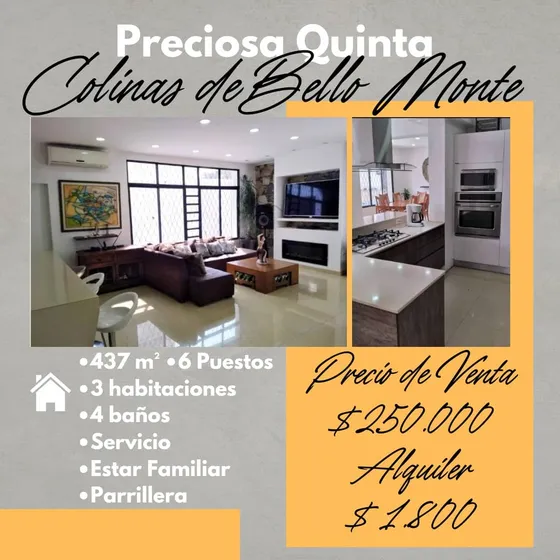 Hermosa Quinta En Colinas De Bello Monte, 437m2, 4 Hab, 3 Baños, 6 Puestos, Alq