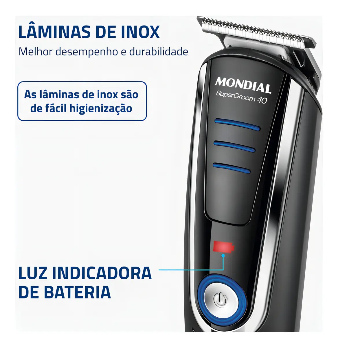 Close nas lâminas de aço inox do aparador com indicação da luz de carga da bateria