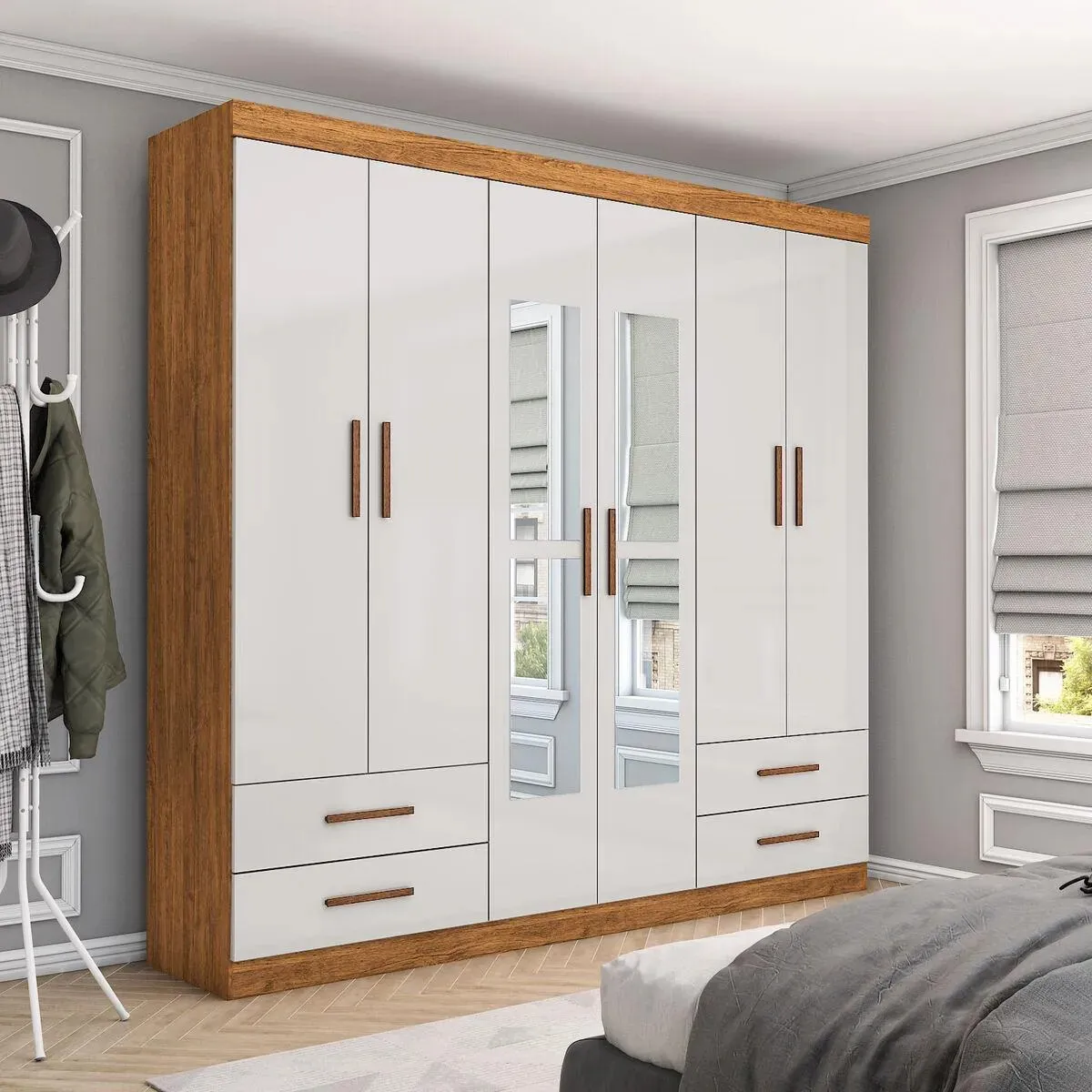 Guarda-Roupa Casal Medelin 6 Portas 4 Gavetas com Espelho Multimóveis CR35557 Creme