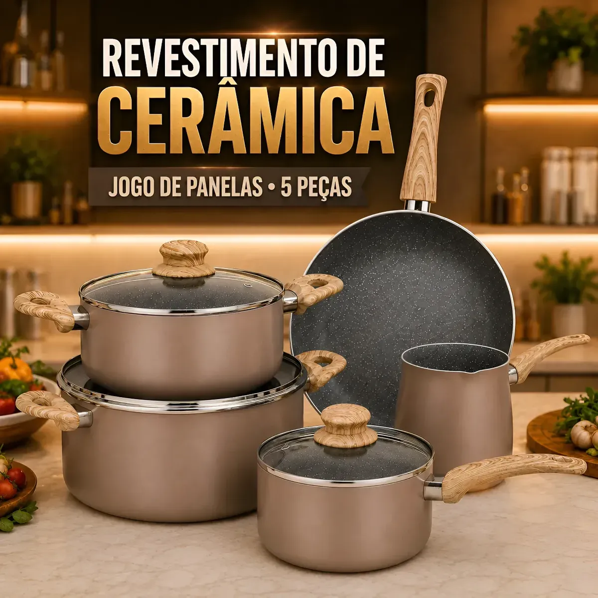 Jogo De Panelas 5 Peças Antiaderente Cerâmica Indução Gás